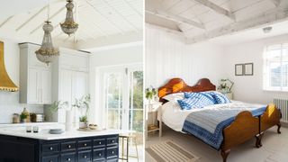 compilation image of a kitchen and a bedroom both with white painted ceiligs to show the best color for ceilings