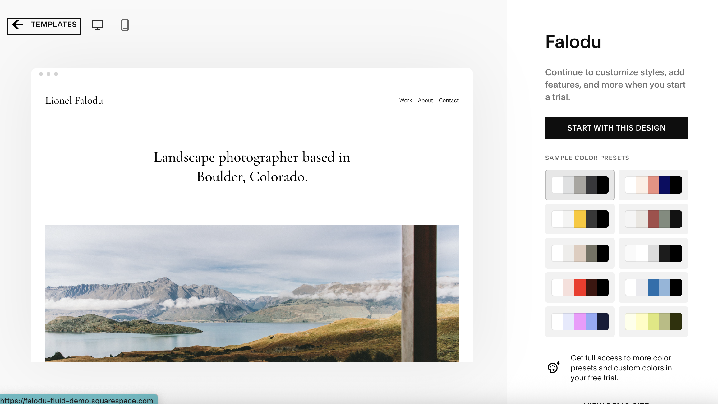 Screengrab showing template selection in Squarespace