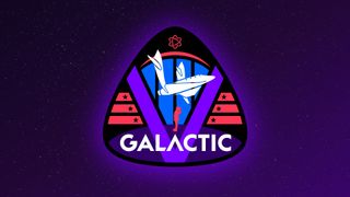 a triangular patch with rounded edges features a purple V in the middle with GALACTIC written at the bottom. six red bars side the outside of the V, with a red figure at the inner corner, looking up at a whit VSS Unity