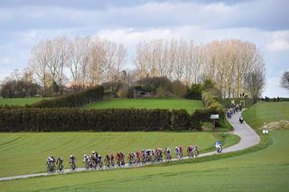 The peloton racing through the green hills at Gent-Wevelgem