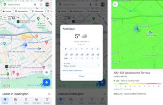 Three screenshots of Google Maps weather and air quality overlay