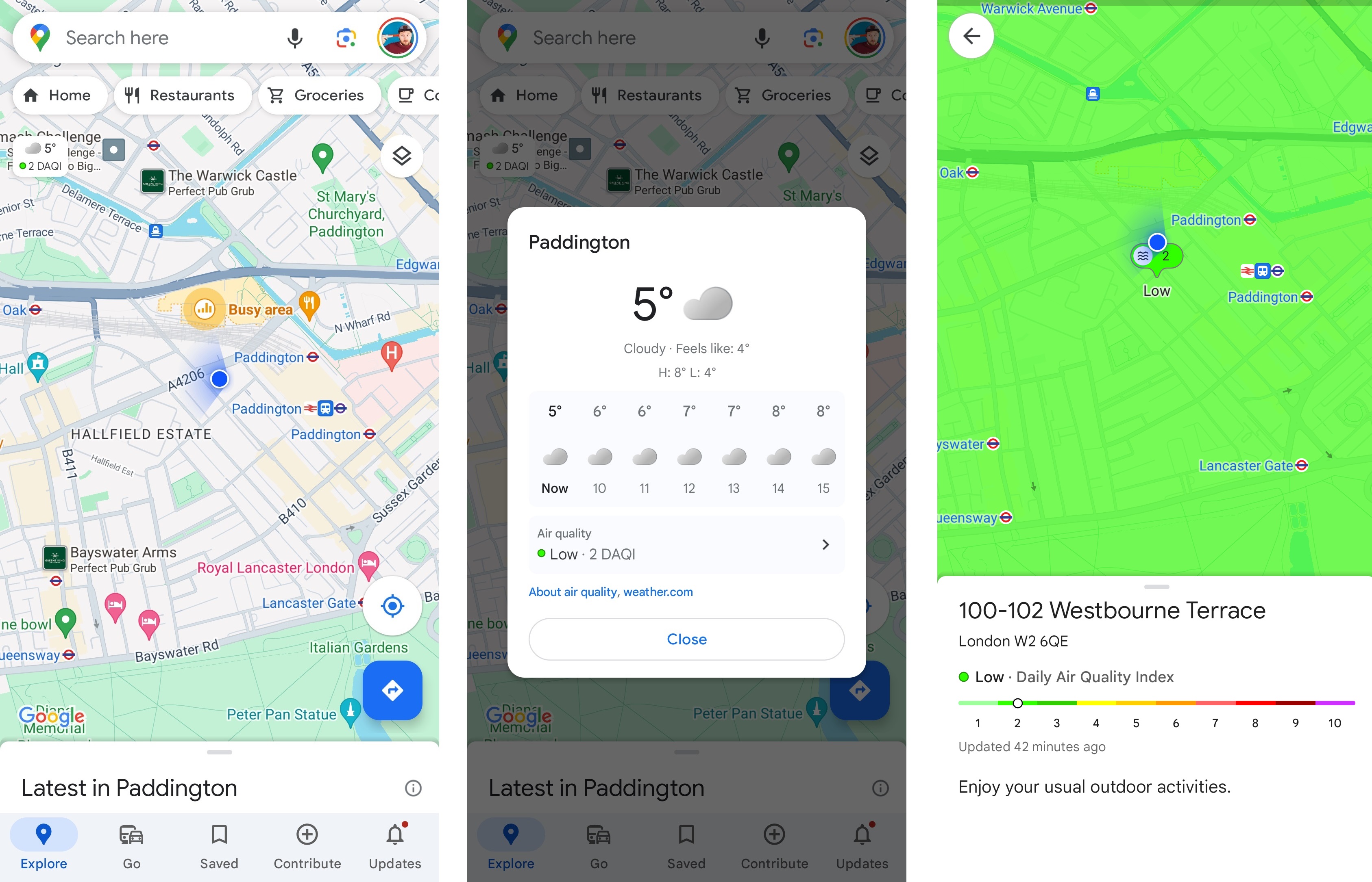 Three screenshots of Google Maps weather and air quality overlay