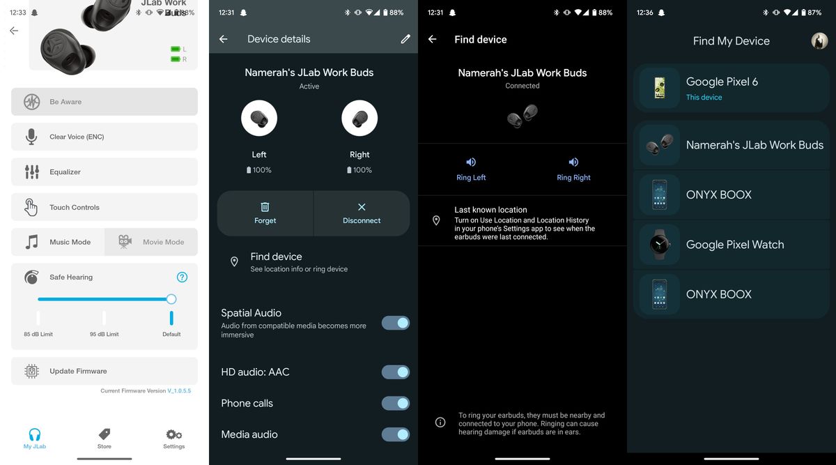 App and connectivity features for JLab Work Buds wireless earbuds with detachable microphone.