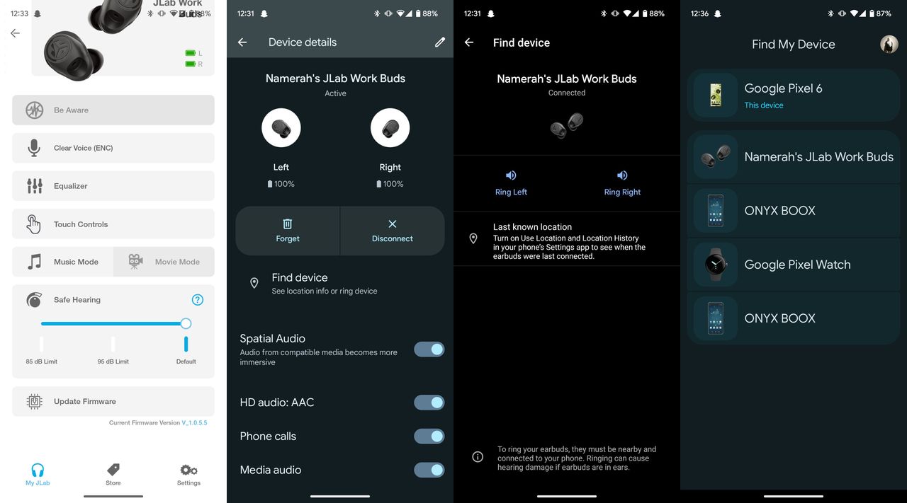 App and connectivity features for JLab Work Buds wireless earbuds with detachable microphone.