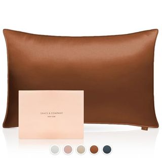 Grace & Company Silky Satin Pillowcase for Hair & Skin, Oeko-Tex Certified Satin Silk Pillowcase With Zipper - Ultra Smooth Brown Pillowcases Standard Size 20”x26” - Cardamom