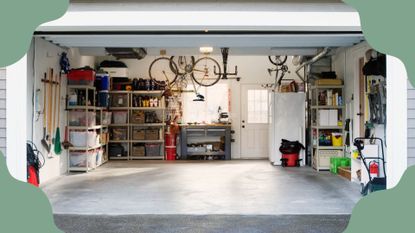 a garage with an open door, full of organized items and storage to show how to declutter a garage, with green corner borders around the image