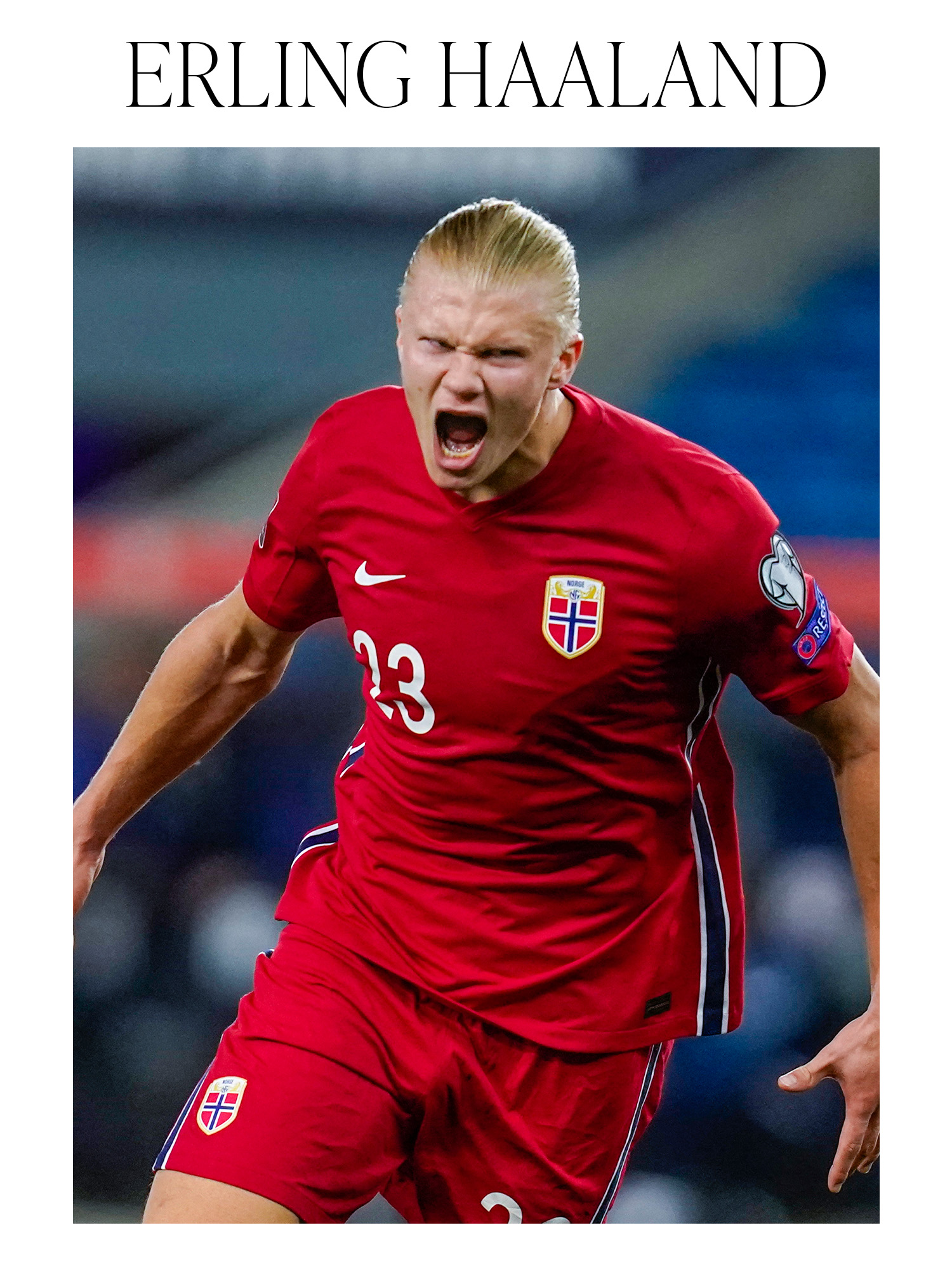 Norway's forward Erling Braut Haaland celebrates scoring the 5-1 goal during the FIFA World Cup Qatar 2022 qualification Group G football match between Norway and Gibraltar.