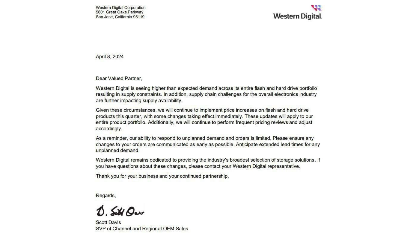 Screenshot of the message WD sent to its partners.