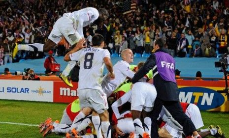 Team USA celebrates a win against Algeria in today&amp;#039;s World Cup match.