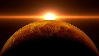 the sun rises over a reddish-yellow planet