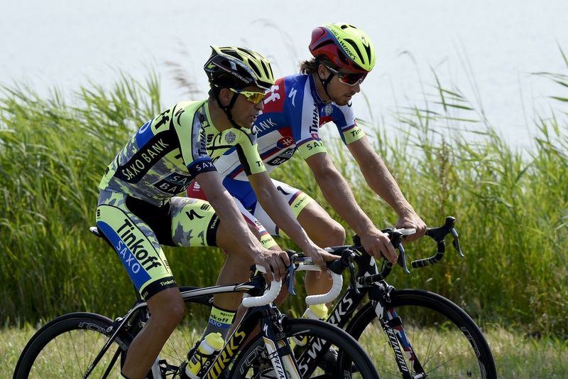 Alberto Contador and Peter Sagan ride side by side