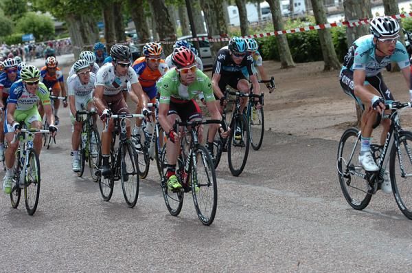 Cadel Evans (BMC) in green in the peloton