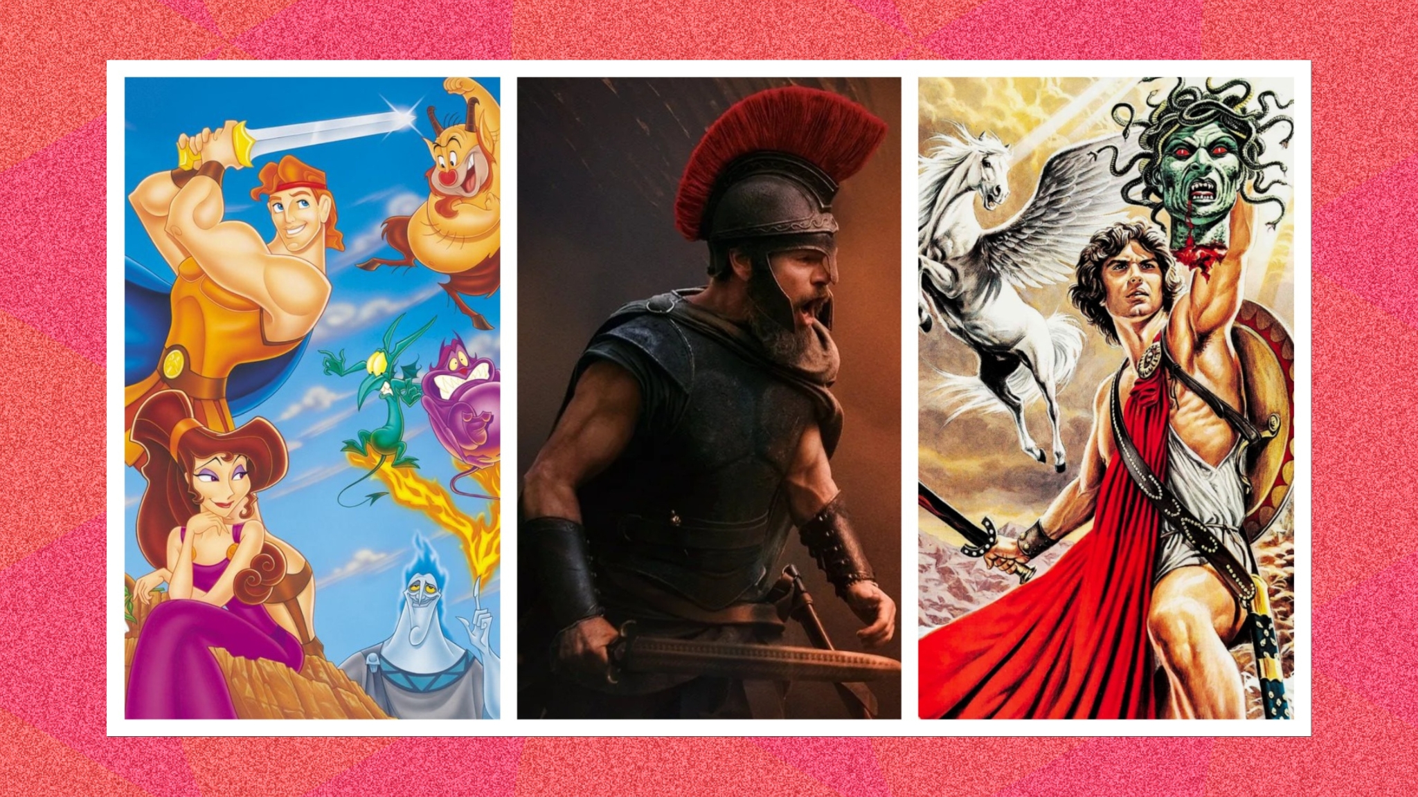 Images from Disney's Hercules, Christopher Nolan's The Odyssey, and 1981's Clash of the Titans