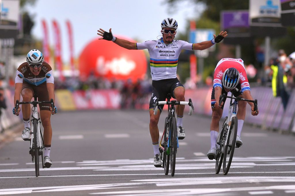 OVERIJSE BELGIUM OCTOBER 07 Arrival Benoit Cosnefroy of France and Team Ag2R La Mondiale Julian Alaphilippe of France and Team Deceuninck QuickStep Celebration Mathieu Van Der Poel of Netherlands and Team AlpecinFenix during the 60th Brabantse Pijl 2020 Men Elite a 197km race from Leuven to OverijseSchavei 106m La Flche Brabanonne BP20 on October 07 2020 in Overijse Belgium Photo by Luc ClaessenGetty Images