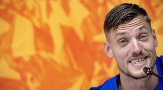 Netherlands goalkeeper Andries Noppert during a press conference at the FIFA World Cup 2022 in Qatar