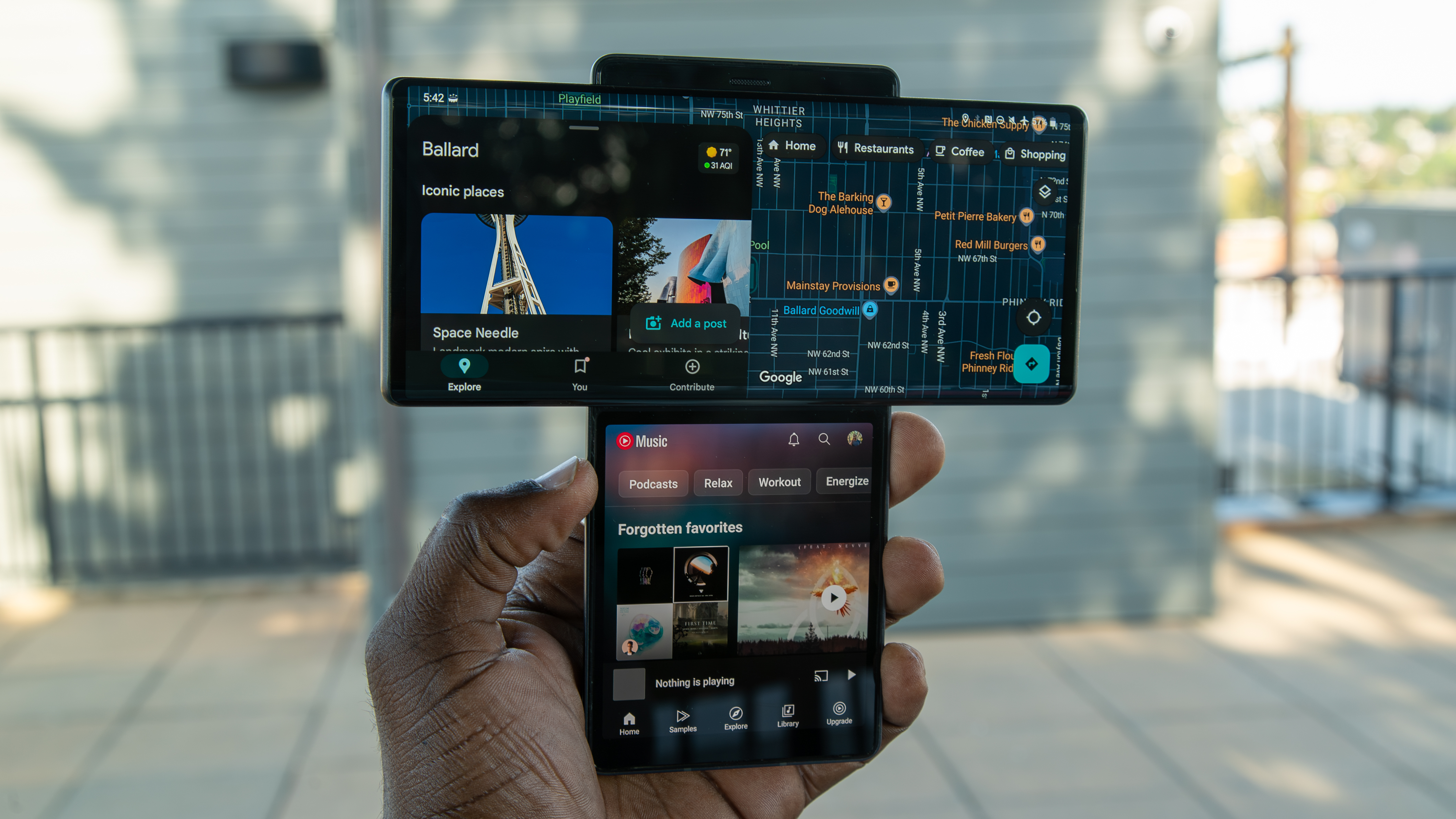 The LG Wing with Google Maps and YouTube Music open at the same time