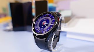 Galaxy Watch 6 Classic with black leather band and black graphite stainless steel case