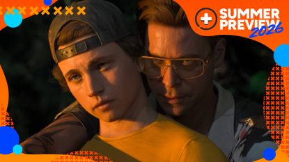 A man with glasses stand behind someone else in Until Dawn 2, with the orange GamesRadar+ Summer Preview 2026 frame