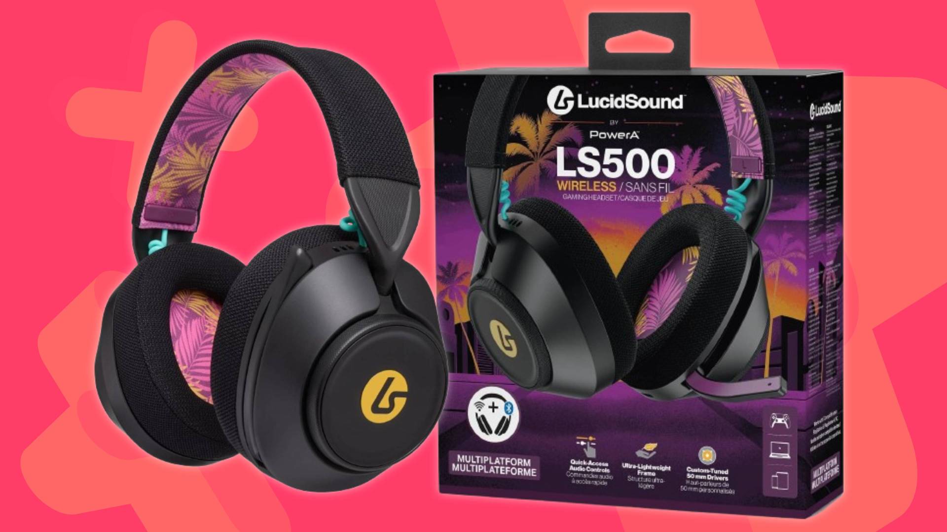 Image of the Sunset Paradise LucidSound LS500 Wireless Gaming Headset on a pink GamesRadar+ background.