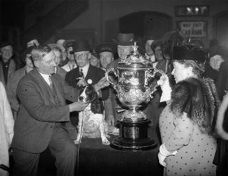 Mrs Cruft presenting the trophy to Mr H S Lloyd with cocker spaniel 'Exquisite Model Of Ware' who was named as 'Champion of Champions' at Crufts in 1938