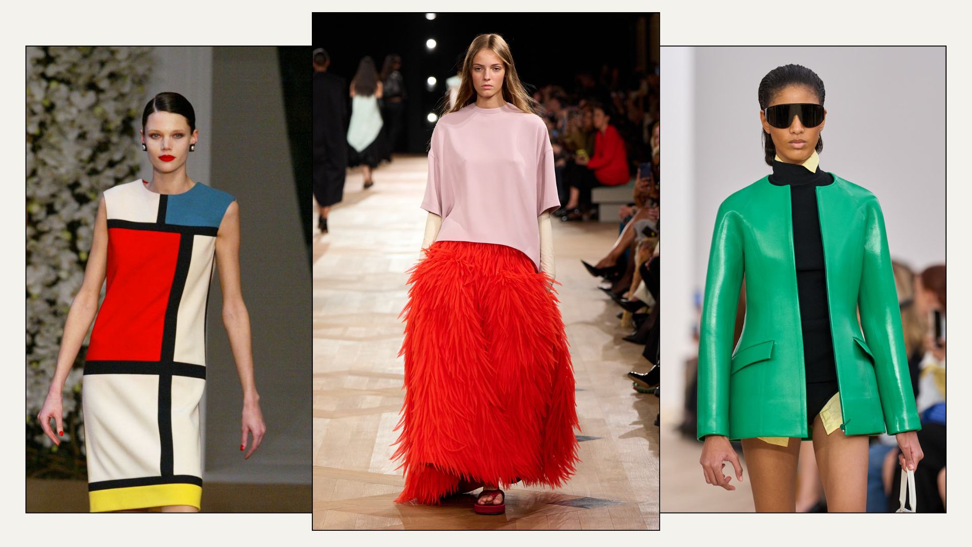 Three runway images of the colour blocked trend 2026.