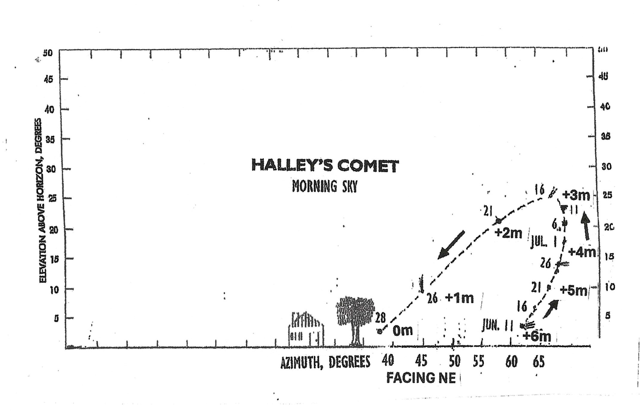 Wykres pokazujący, kiedy Kometa Halleya będzie widoczna wiosną i latem 2061 roku