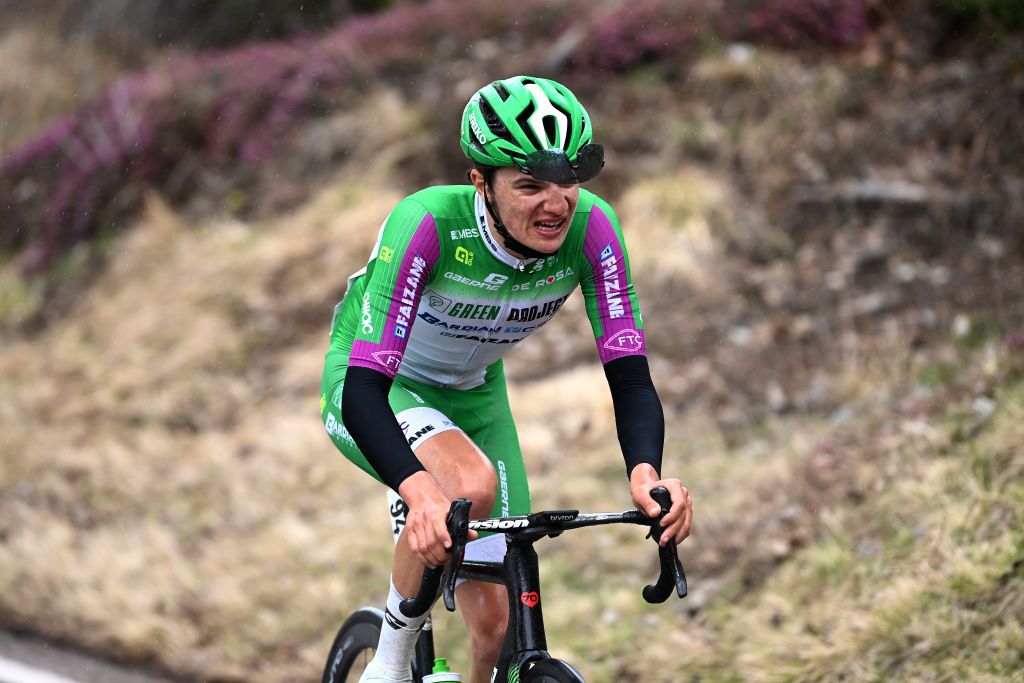 PREDAZZO ITALY APRIL 20 Giulio Pellizzari of Italy and Green ProjectBardiani CsfFaizan Team attacks in the breakaway during the 46th Tour of the Alps 2023 Stage 4 a 1529km stage from Rovereto to Predazzo 1023m on April 20 2023 in Predazzo Italy Photo by Tim de WaeleGetty Images