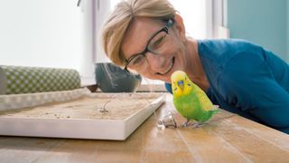 Woman getting to know her green and yellow pet bird