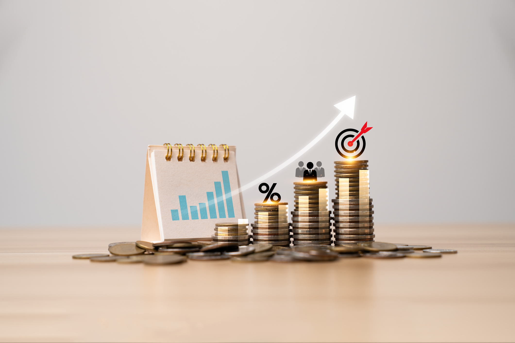 Investment strategy savings stacked coins financial chart arrow up