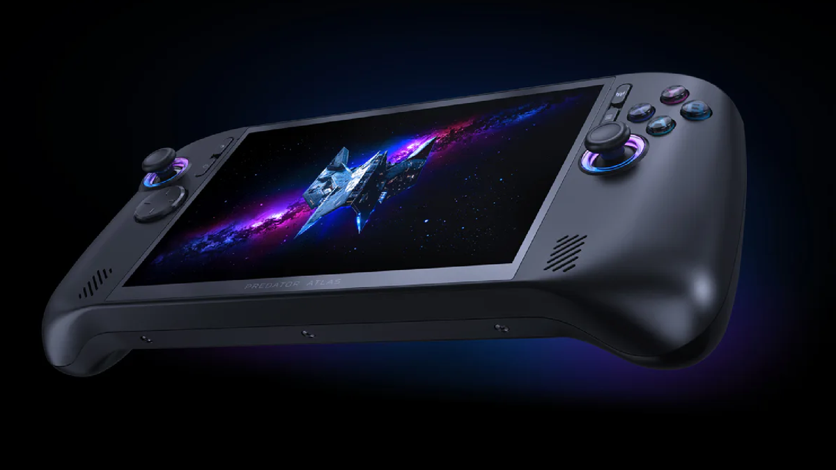 Close-up render of the Acer Predator Atlas 8 gaming handheld featuring illuminated thumbsticks and a space-themed game displayed on screen.