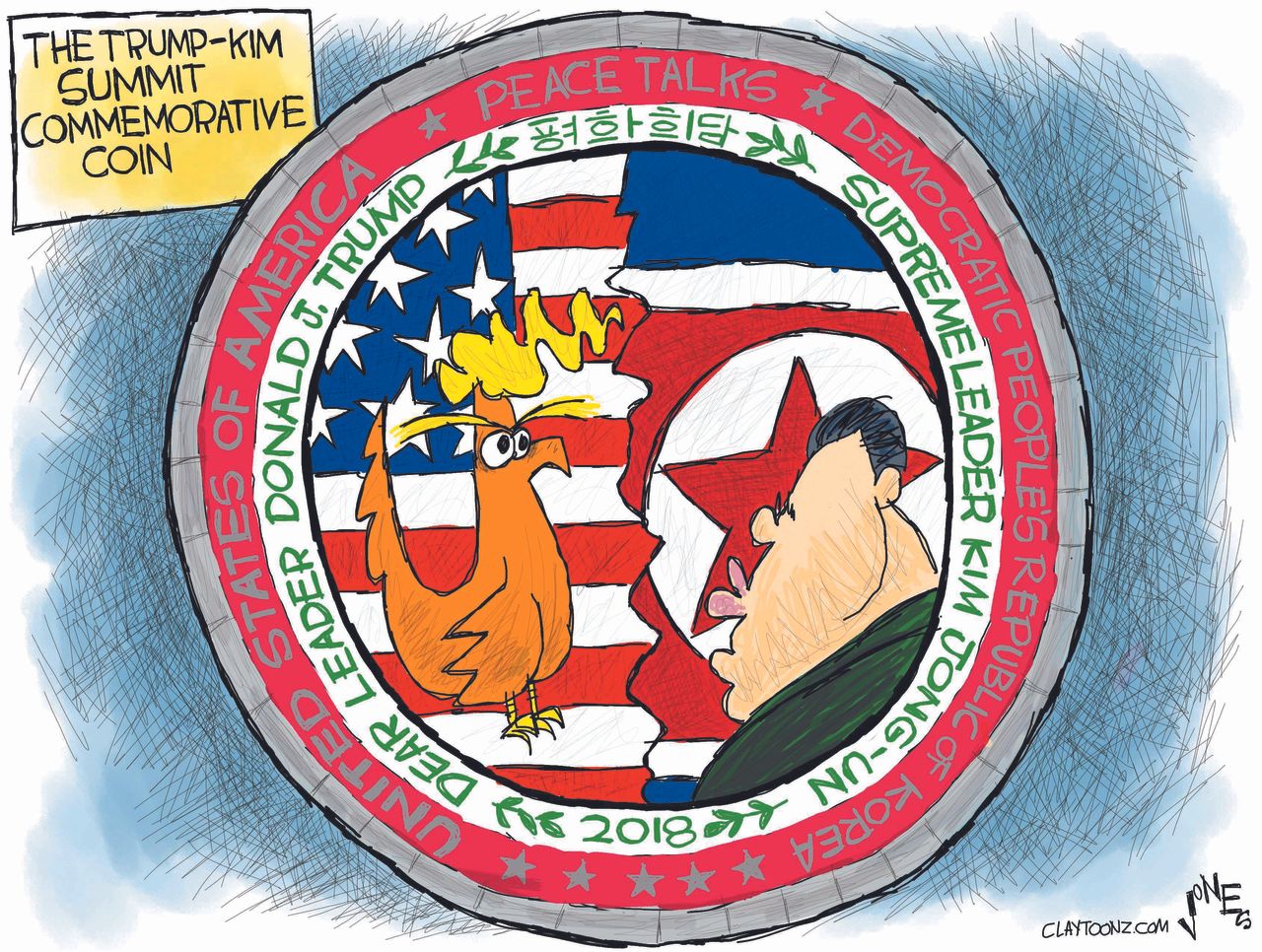 Political cartoon US Trump Kim Jong Un commemorative coin nuclear summit peace talks