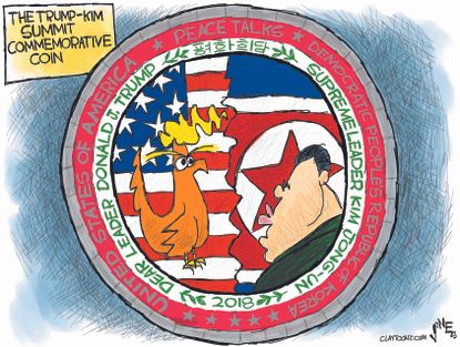 Political cartoon US Trump Kim Jong Un commemorative coin nuclear summit peace talks