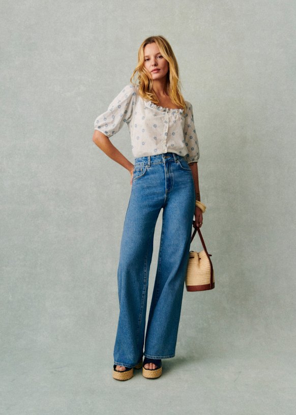 Kellia Shirt - Blue Ecru Daisies - Organic Cotton - Sézane