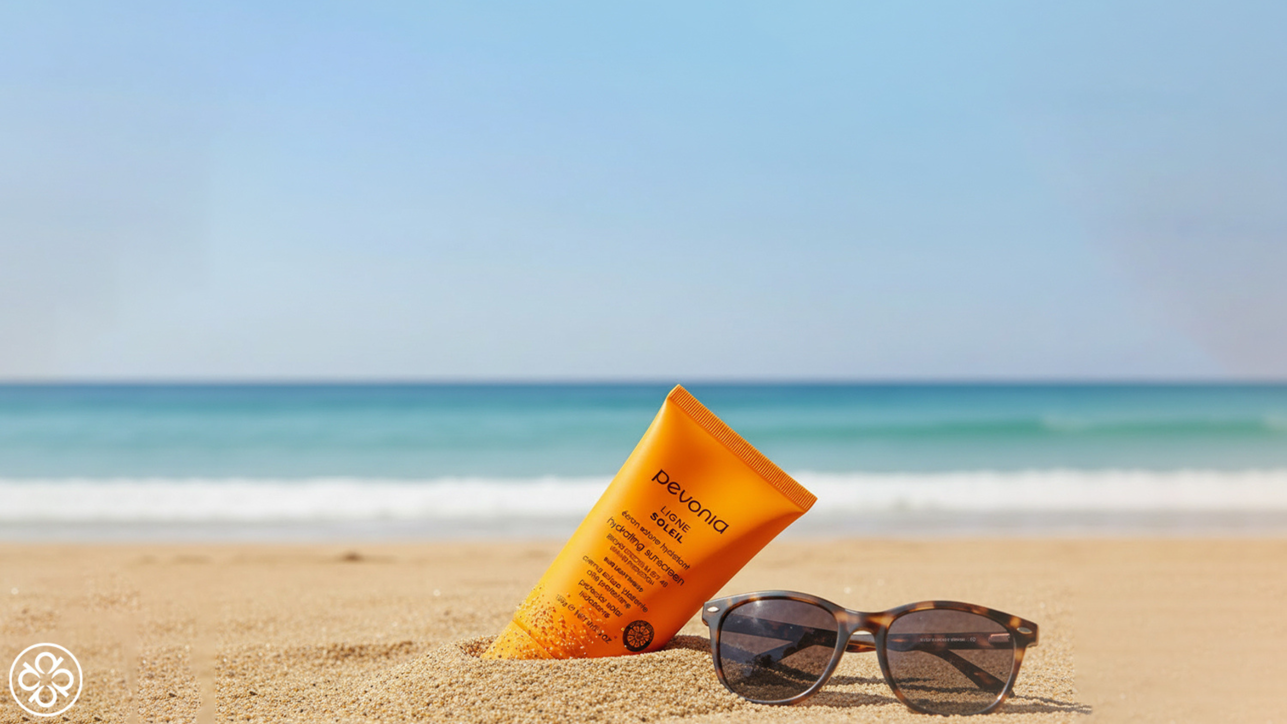 Photo of Pevonia Hydrating Sunscreen on a beach with sea and sunglasses