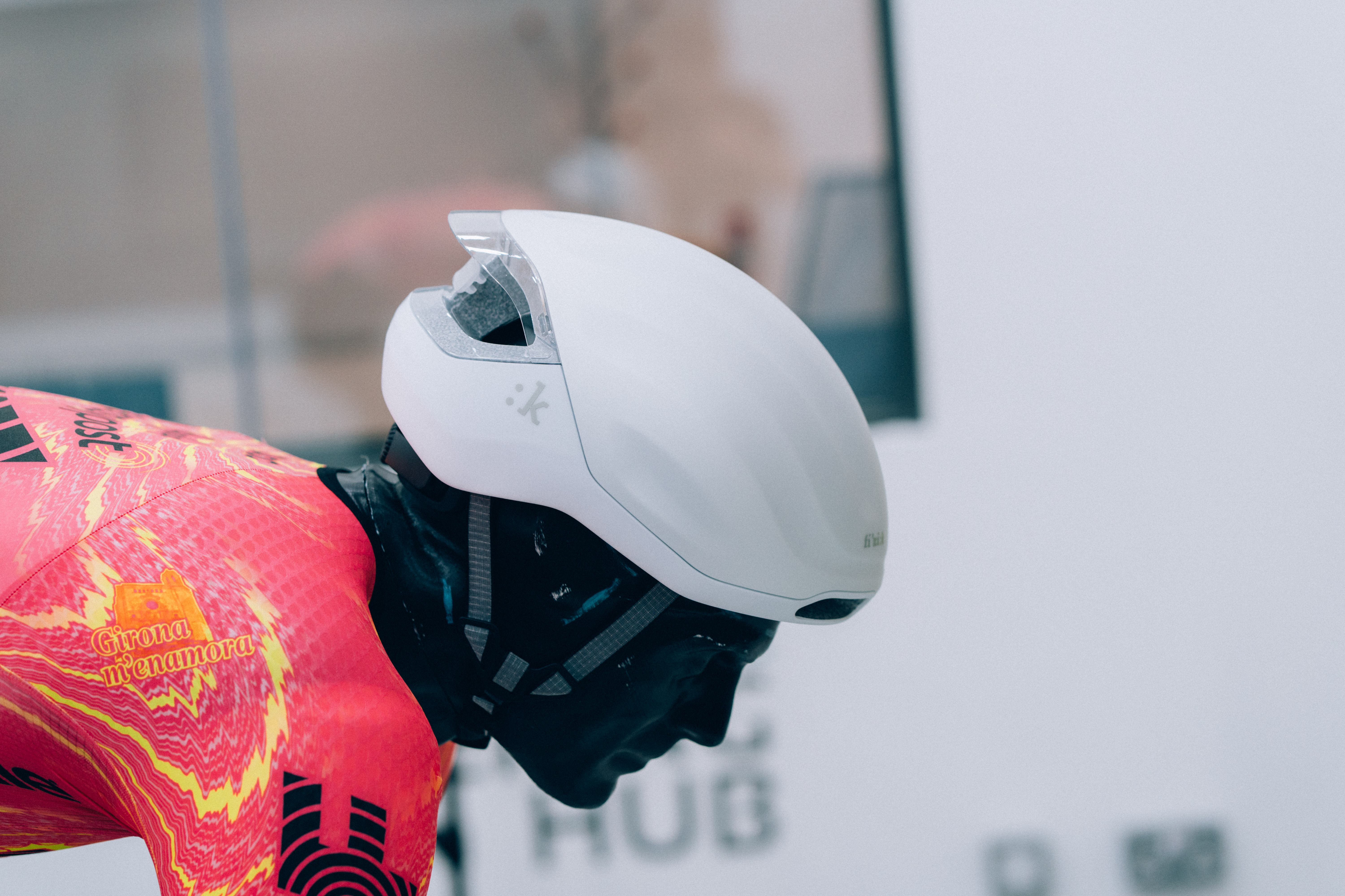 A close up of helmets being tested in the wind tunnel