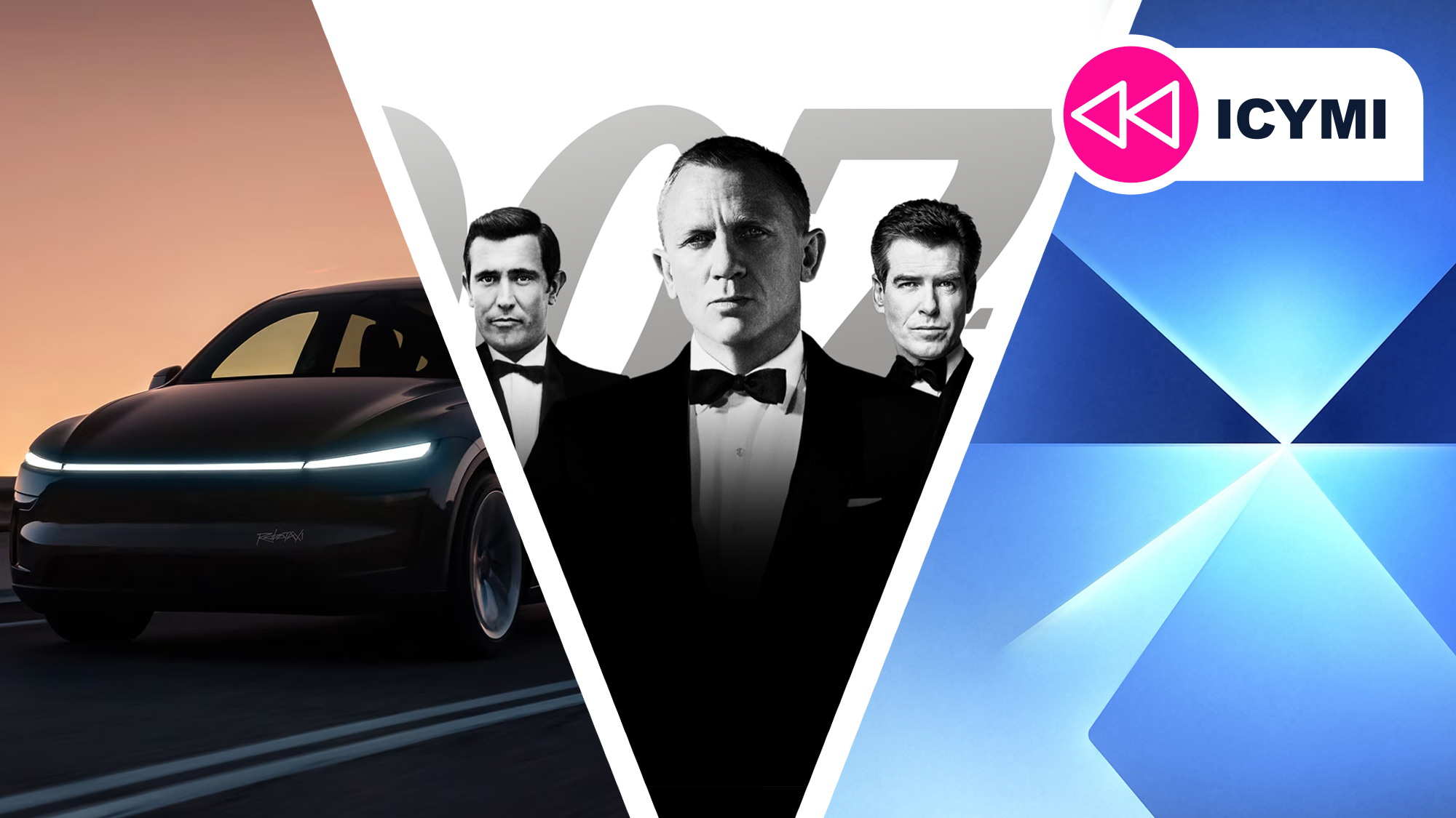 A Tesla car, James Bonds and Samsung&#039;s foldable promo image