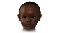 artist's reconstruction of a dark-skinned toddler with a forehead tattoo of dots arranged in a diamond
