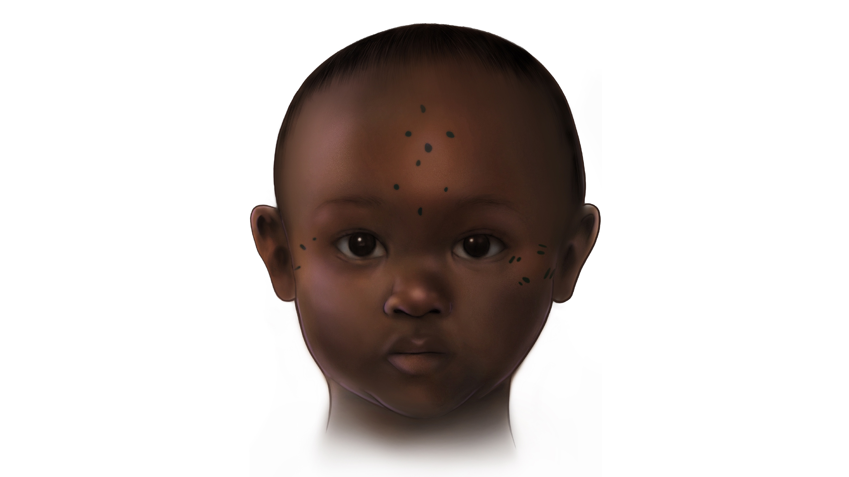 artist's reconstruction of a dark-skinned toddler with a forehead tattoo of dots arranged in a diamond