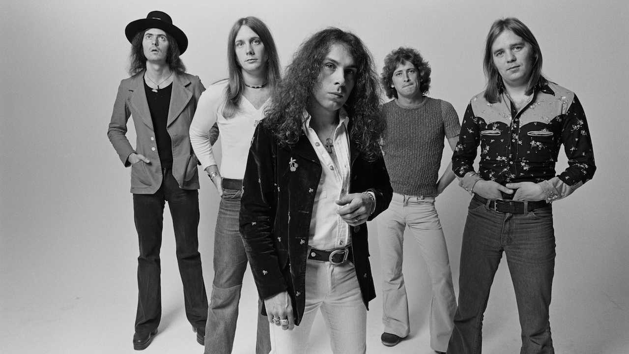 Rainbow featuring guitarist Ritchie Blackmore, singer Ronnie James Dio, keyboard player Mickey Lee Soule, bassist Craig Gruber and drummer Gary Driscoll, posed in Los Angeles, USA in June 1975.