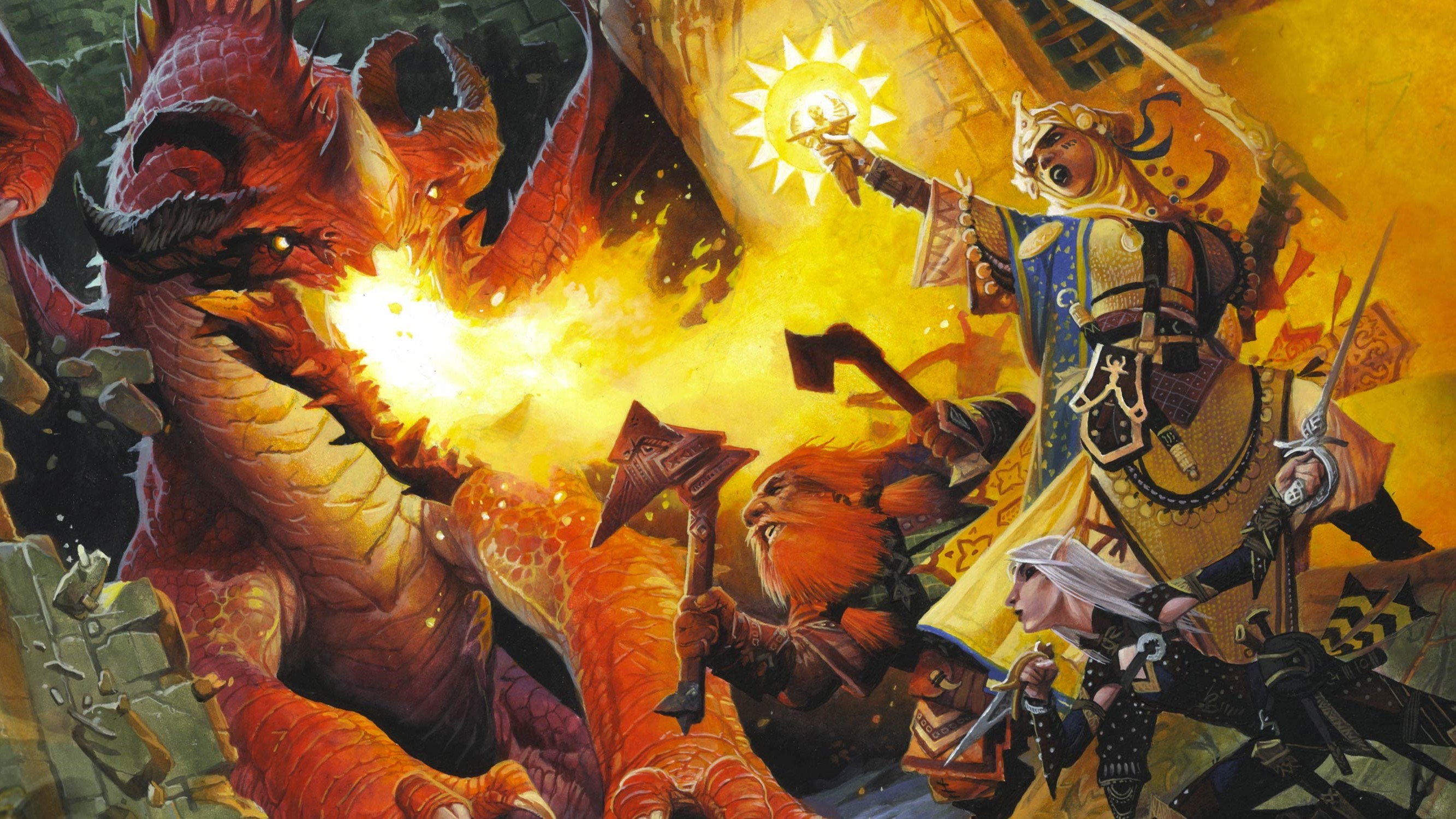 Arte pioneira de aventureiros lutando contra um dragão.