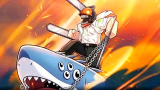 A man with a Chainsaw on his head rides a shark, promoting Chainsaw Man Incremental codes.