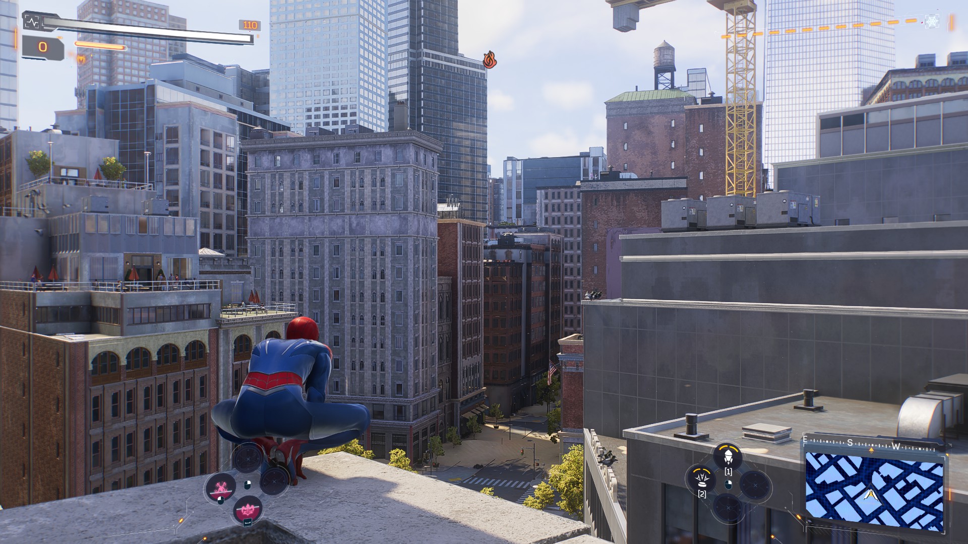 Spider-Man (Peter Parker) crouched on the ledge of a building and looking out over the city in Spider-Man 2.