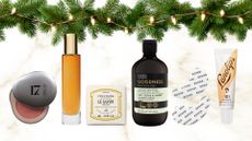 Collage of beauty products on a white and gold marble background with a light-adorned green fir tree garland at the top of the image