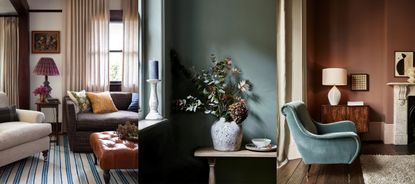 Three examples of winter living room ideas. Cozy living room with armchairs, coffee table, long cream curtains on windows. Close up of seasonal plants and flowers in vase on shelf beside windowsill with candle. Blue velvet lounge chair beside dark wood sideboard with cream table lamp.