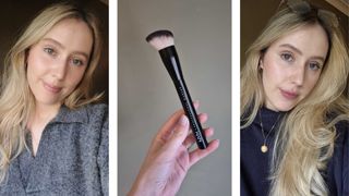 Collage showing three vertical images – a picture of Digital Beauty Writer Naomi Jamieson wearing full-coverage foundation (left), applied and blended with the NYX Professional Makeup Brush Foundation Brush (centre) on a sunny day. In the middle is a close-up of Naomi's hand holding the brush against a dark green background. Finally, on the right is a picture of Naomi wearing a light layer of foundation, blended with the brush, taken on a grey day