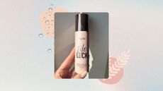 Image of hand holding Tarte Life Lock Setting Spray on a pastel watercolour background, with pastel pink graphics and water droplets