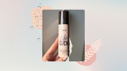 Image of hand holding Tarte Life Lock Setting Spray on a pastel watercolour background, with pastel pink graphics and water droplets