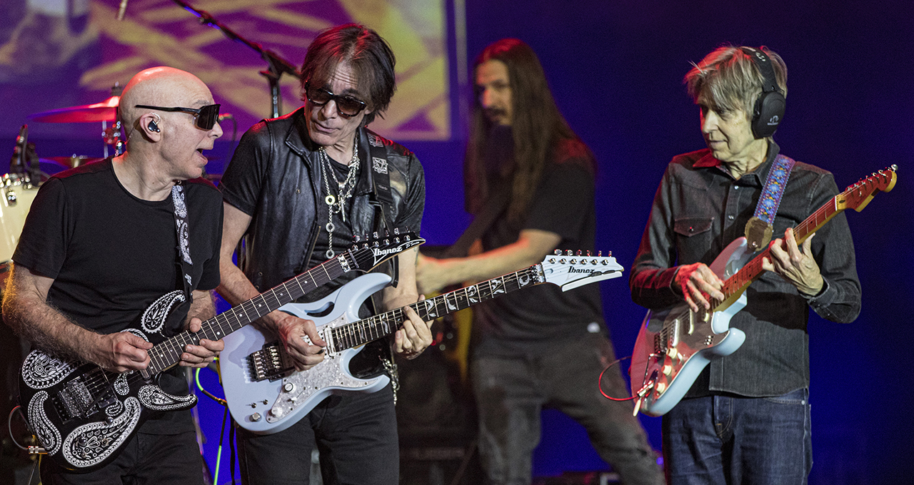 Kenny Aronoff, Joe Satriani, Steve Vai, Bryan Beller, and Eric Johnson perform on stage during the G3 tour stop at The Magnolia on February 07, 2024 in El Cajon, California.
