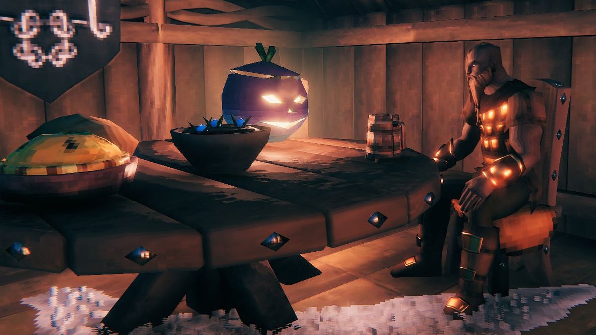 Valheim Jack-o&#039;-turnip sitting on a table