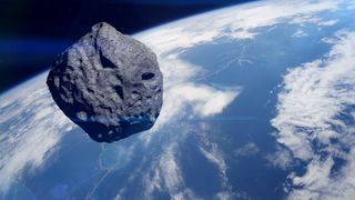 An illustration of an asteroid approaching Earth